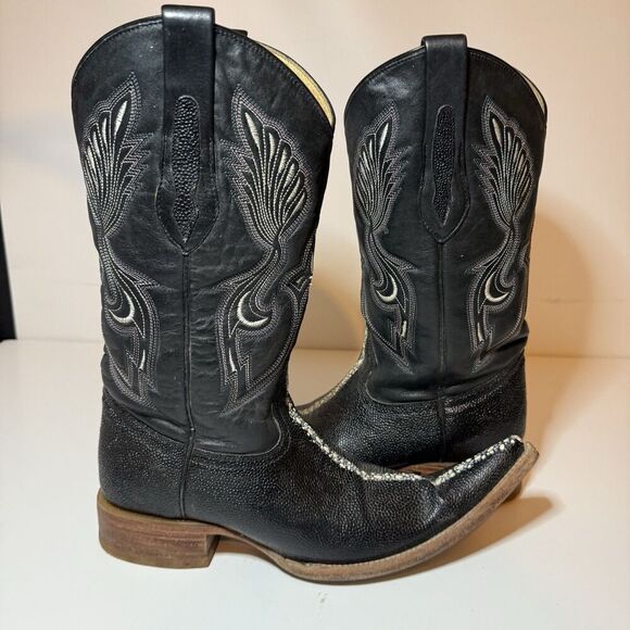 Mens Black Cowboy Boots Stingray Imitaition Leather Pointed Toe Sz 6 Arango Boot - Picture 12 of 12